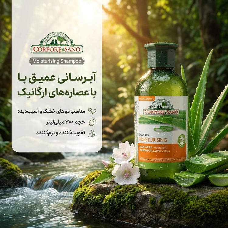 شامپو آبرسان مو کورپورسانو مدل با عصاره ارگانیک آلوورا و گل خطمی حجم 300 میلیلیتر، تقویتکننده، نرمکننده، مناسب موهای خشک، شکننده و آسیبدیده