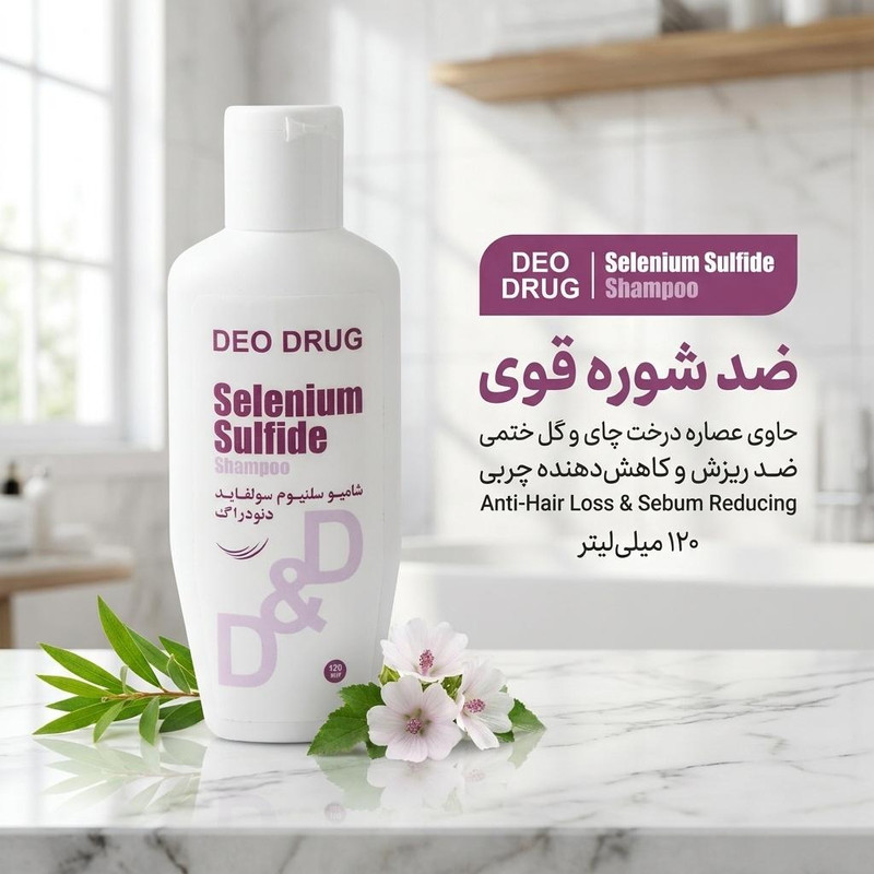 شامپو ضد شوره مو دئو دراگ مدل سلنیوم سولفاید 1 درصد، ضد ریزش، کاهشدهنده چربی، ضد التهاب و ضد قارچ، حاوی عصاره درخت چای و گل ختمی، حجم 120 میلیلیتر