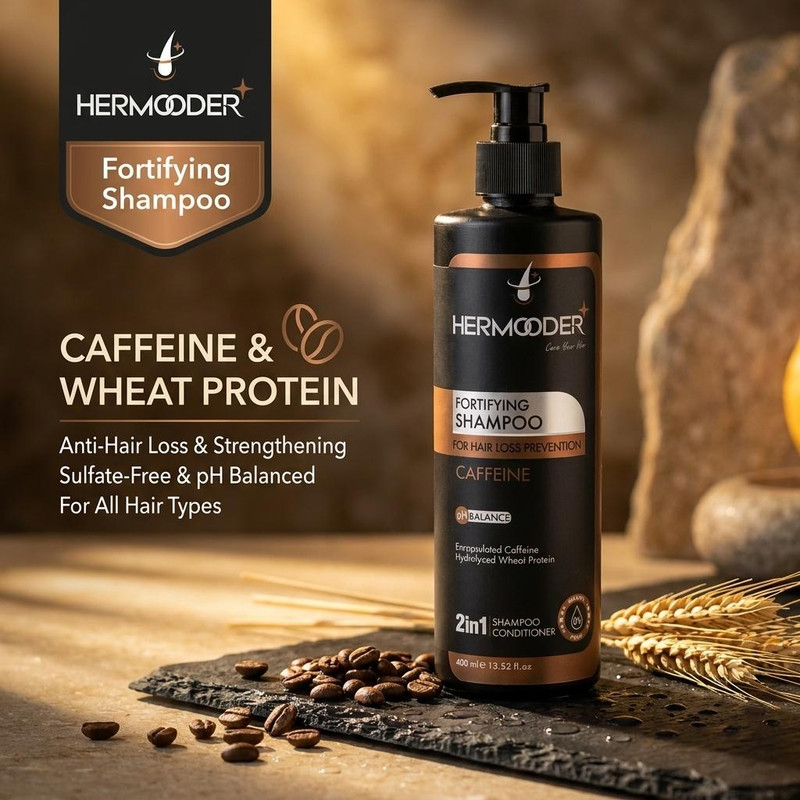 شامپو ضد ریزش مو هرمودر مدل COFFEIN حجم 400 میلیلیتر، تقویتکننده، ترمیمکننده، نرمکننده، مناسب انواع مو و پوست سر، حاوی کافئین و پروتئین هیدرولیز شده جوانه گندم