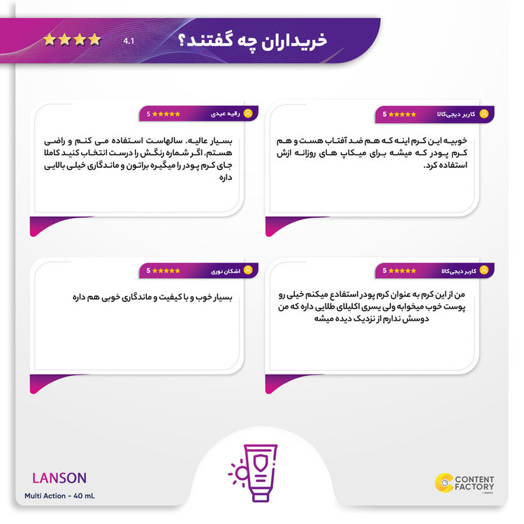 کرم ضدآفتاب رنگی لانسون SPF50 مدل مولتی اکشن شماره 1.5، مناسب پوستهای چرب، حجم 40 میلیلیتر