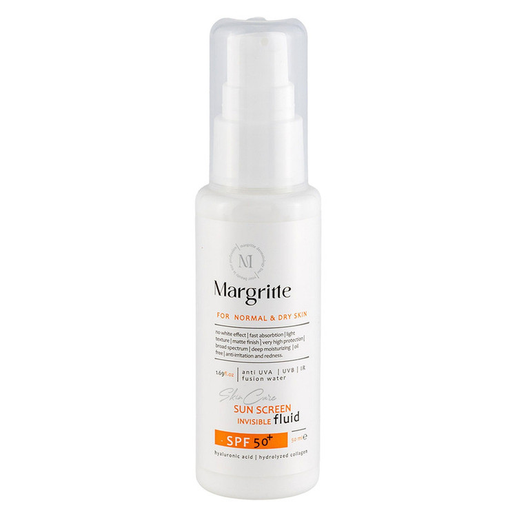 فلوئید ضد آفتاب بدون رنگ مارگریت SPF 50 مدل fusion Water محافظ UVA و UVB، ضد لک و روشن کننده، مناسب برای پوست های خشک و نرمال حجم 50 میلی لیتر