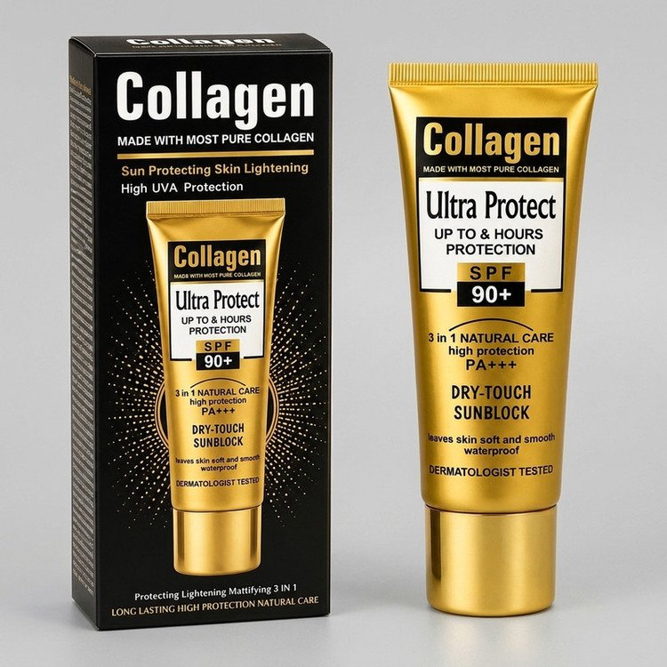 کرم ضد آفتاب رنگی کلاژن SPF90 مناسب دست و صورت مدل Ultra Protect محافظت کننده در برابر اشعه UVA و UVB مناسب برای انواع پوست حجم 100 میلی لیتر