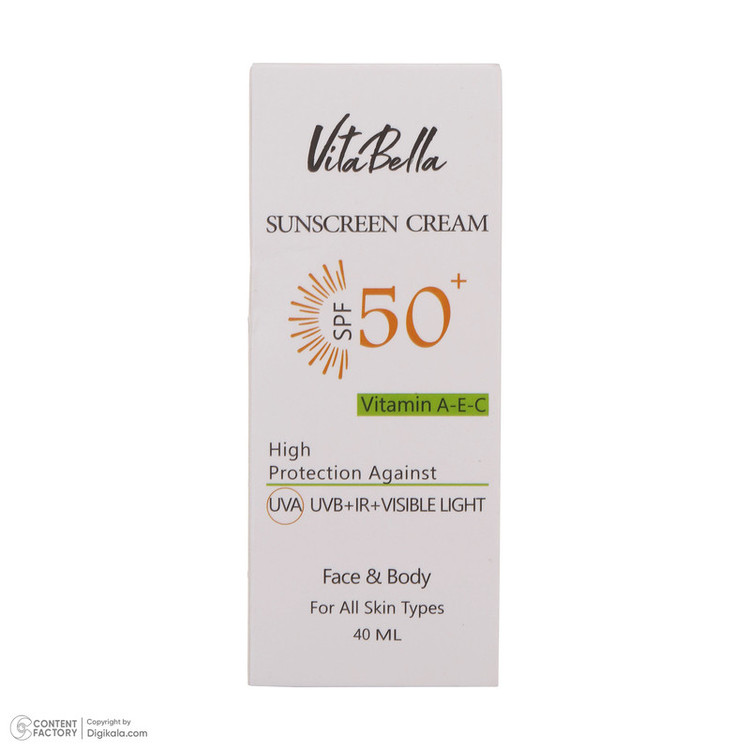 کرم ضدآفتاب بیرنگ ویتابلا +SPF50 مدل 001 مناسب انواع پوست، حجم 40 میلیلیتر