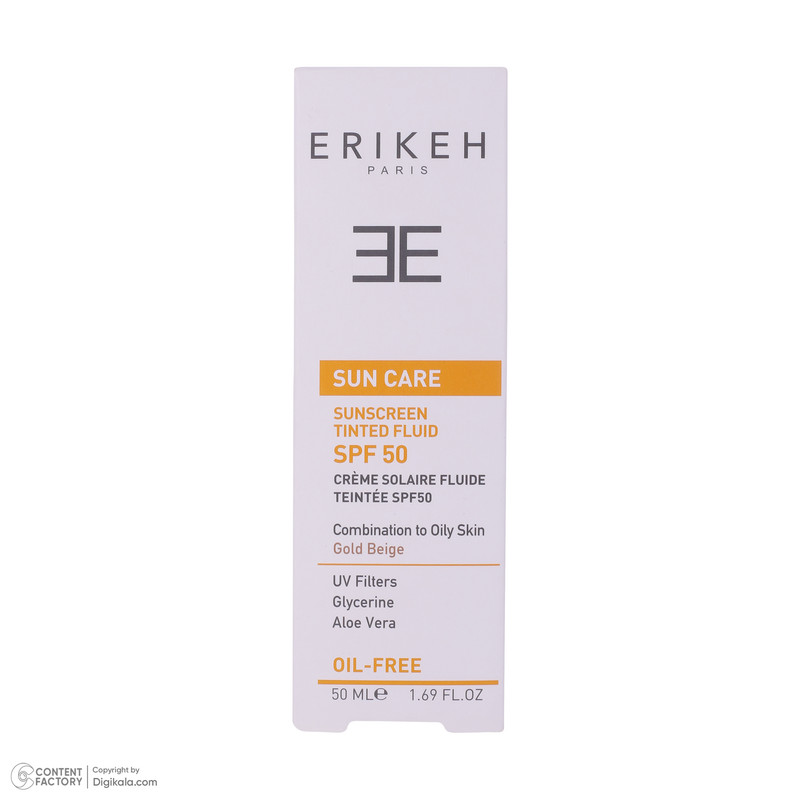 فلوئید ضد آفتاب رنگی اریکه، SPF50، مدل CO_GB، مناسب پوستهای چرب و مختلط با تنالیته متوسط و حجم 50 میلیلیتر، محافظتکننده در برابر اشعههای UVA و UVB، دارای فرمولاسیون فاقد چربی و گلیسیرین، با ماندگاری 2 ساعته