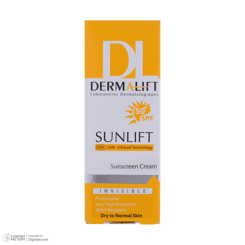 کرم ضد آفتاب بیرنگ صورت درمالیفت SPF 50 مدل SUNLIFT محافظ UVA ،UVB، ضد آب، مناسب پوست خشک حجم 40 میلیلیتر
