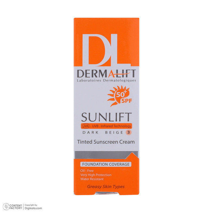 کرم ضد آفتاب رنگی درمالیفت مدل سانلیفت SPF 50 حاوی محافظ UVA و UVB، ضد آب، ضد پیری، ضد جوش و آکنه، مناسب پوست چرب حجم 40 میلیلیتر 