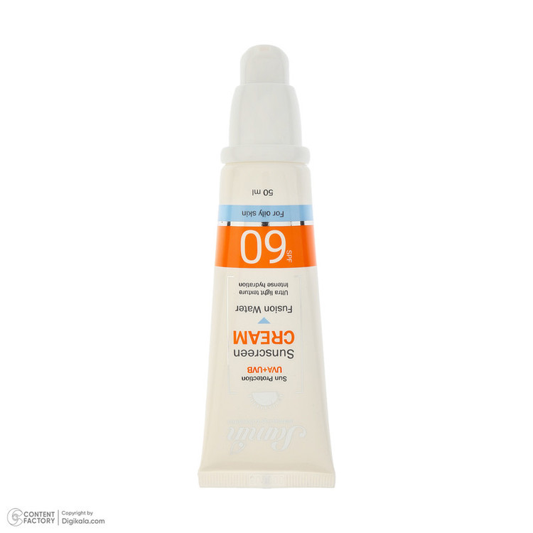 کرم ضد آفتاب بیرنگ صورت ثمین SPF 60 مدل Fusion Water محافظ UVA ، UVB مناسب برای پوستهای چرب حجم 50 میلیلیتر