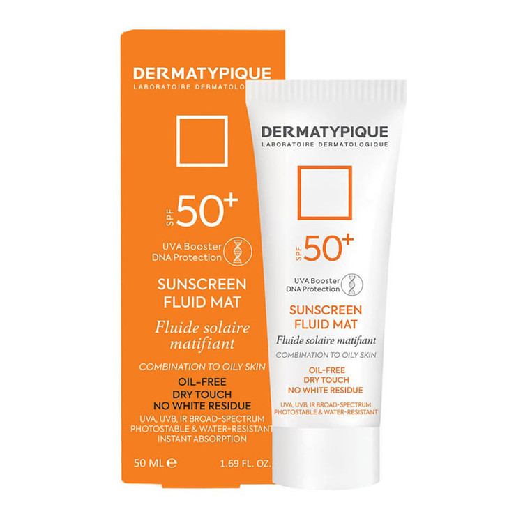 فلوئید ضد آفتاب بیرنگ صورت درماتیپیک SPF50 مدل FLUID MAT محافظ در برابر UVA,UVB مناسب برای پوست چرب حجم 50 میلی لیتر