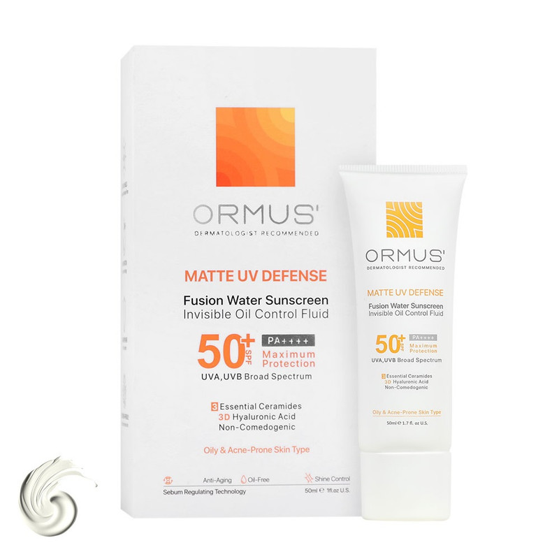 فلوئید ضد آفتاب مات دست، صورت، گردن اورموس +SPF 50 مدل Matte UV Defense محافظ UVA ،UVB و PA++++ ‌مناسب برای پوست آکنه‌دار ، چرب حجم 50 میلی‌لیتر
