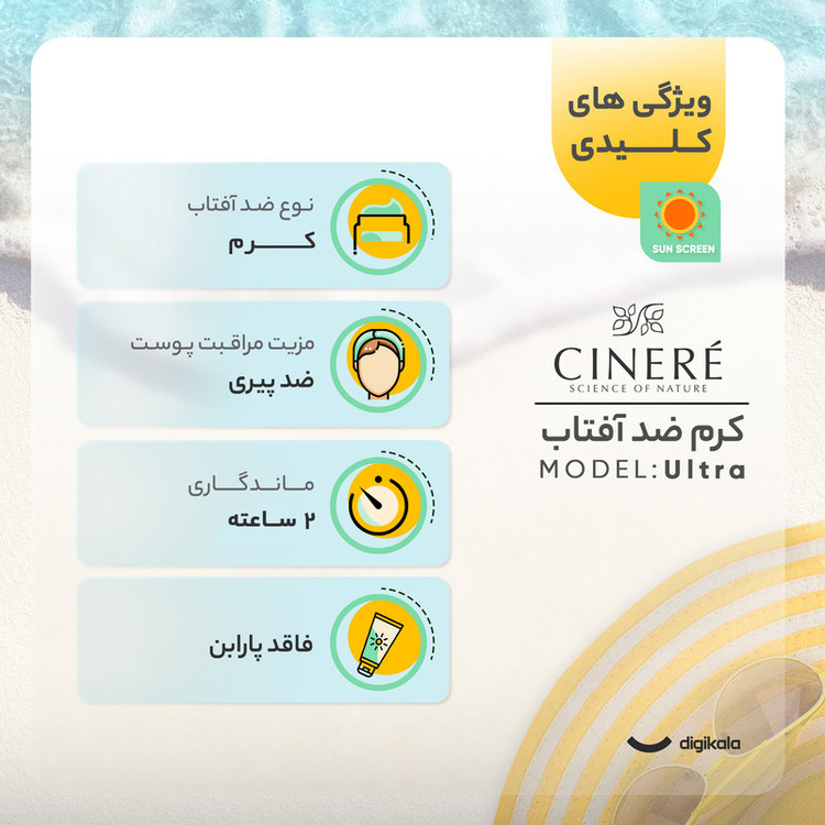 کرم ضد آفتاب بدون رنگ سینره، SPF60، مدل اولترا، مناسب پوست معمولی و خشک و حجم 50 میلیلیتر، محافظت کننده در برابر اشعه UVA و UVB، بدون پارابن، +++PA، ضد پیری پوست، با ماندگاری 2 ساعته