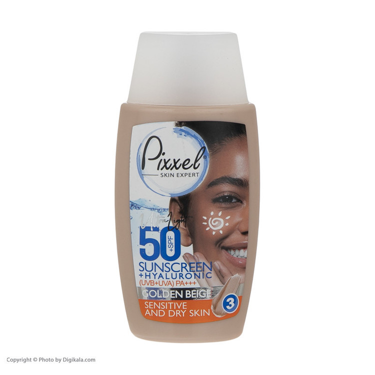 کرم ضد آفتاب رنگی پیکسل، 50 SPF، مدل GOLDEN BEIGE، مناسب پوست نرمال، خشک و حساس تنالیته رنگ تیره و حجم 50 میلیلیتر، محافظت کننده در برابر اشعه UVA و UVB، ضد حساسیت، +++ PA، آبرسان، با ماندگاری 2 ساعته