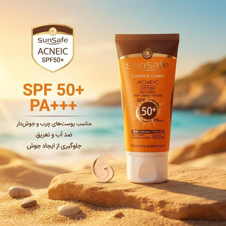 کرم ضدآفتاب و آنتیآکنه رنگی سانسیف مدل SPF50، مناسب پوستهای چرب، حجم 50 میلیلیتر