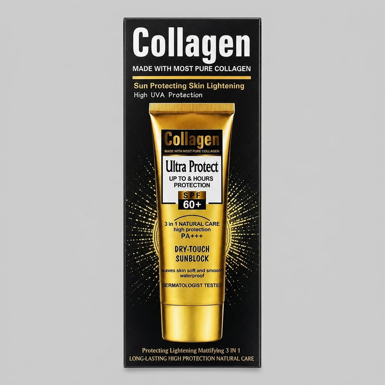 کرم ضد آفتاب رنگی کلاژن SPF60 مناسب دست و صورت مدل Ultra Protect محافظت کننده در برابر اشعه UVA و UVB مناسب برای انواع پوست حجم 100 میلی لیتر