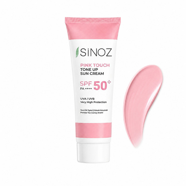 کرم ضد آفتاب رنگی صورت سینوز SPF 50 مدل Pink Touch Tone Up محافظ UVA و UVB مناسب برای انواع پوست حجم 50 میلیلیتر