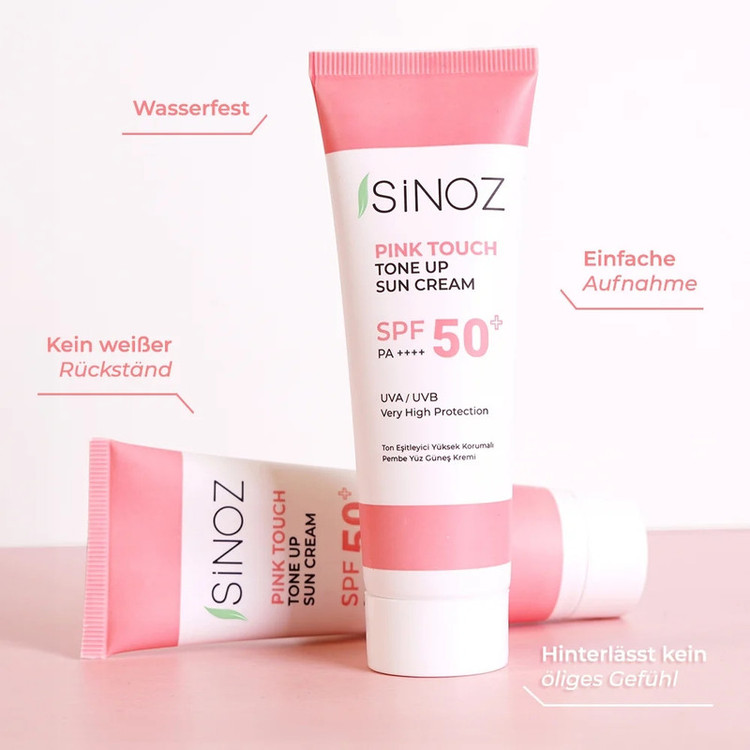 کرم ضد آفتاب رنگی صورت سینوز SPF 50 مدل Pink Touch Tone Up محافظ UVA و UVB مناسب برای انواع پوست حجم 50 میلیلیتر