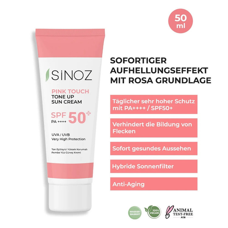 کرم ضد آفتاب رنگی صورت سینوز SPF 50 مدل Pink Touch Tone Up محافظ UVA و UVB مناسب برای انواع پوست حجم 50 میلیلیتر
