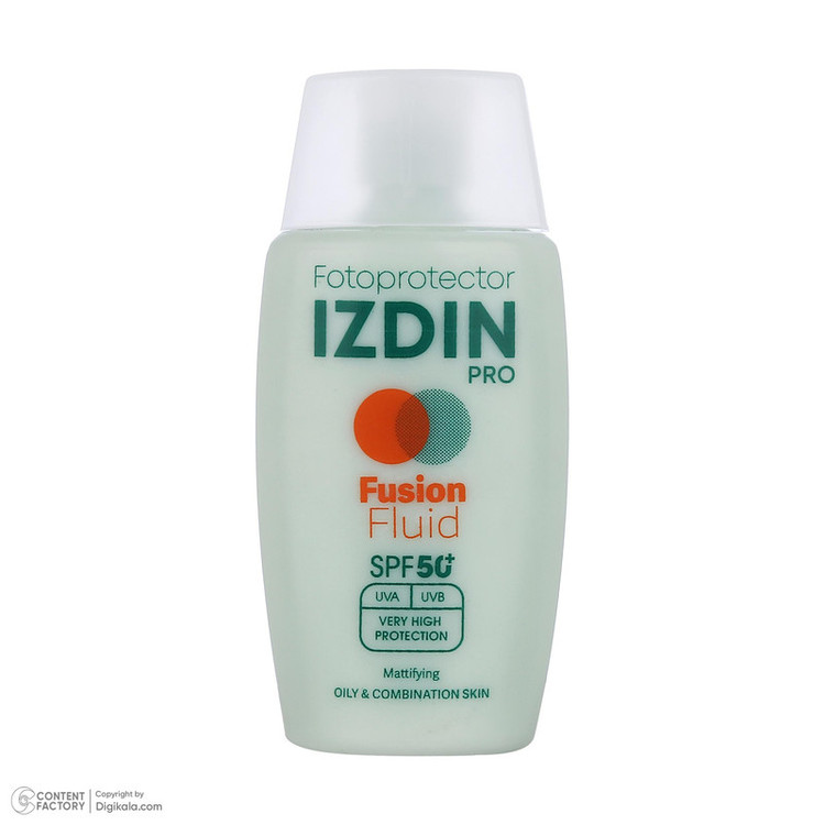فلوئید ضد آفتاب بیرنگ صورت و گردن ایزدین پرو SPF 50 مدل Safe Eye Tech محافظ در برابر اشعه UVA و UVB مناسب برای پوست چرب و مختلط حجم 50 میلیلیتر