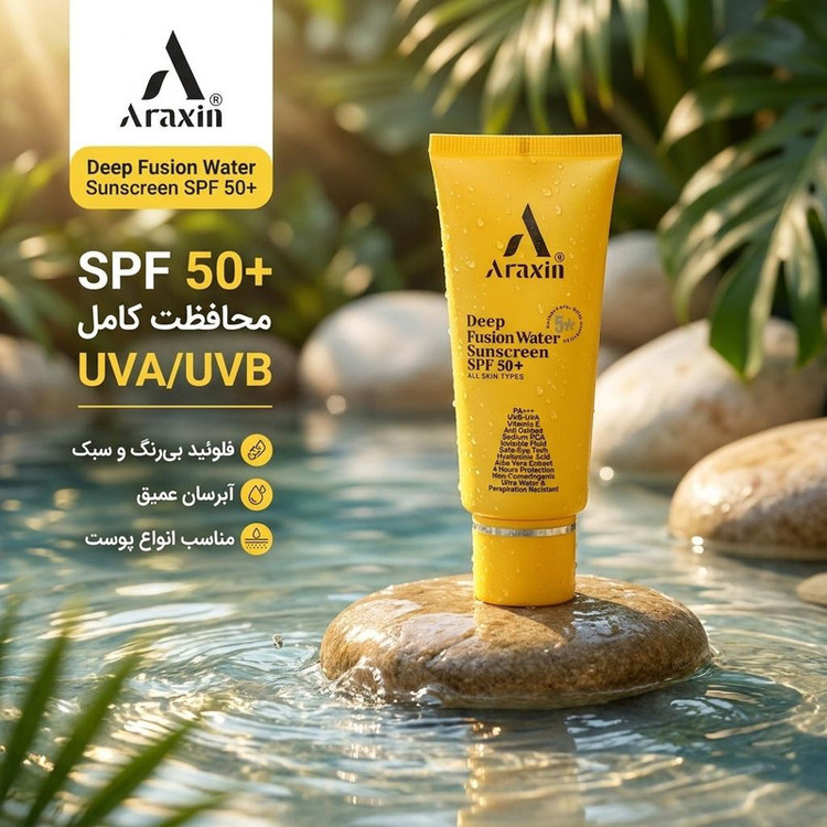کرم ضد آفتاب بیرنگ صورت آراکسین SPF 50 مدل فیوژن واتر محافظ UVA ، UVB مناسب برای انواع پوست حجم ۴۰ میلی لیتر