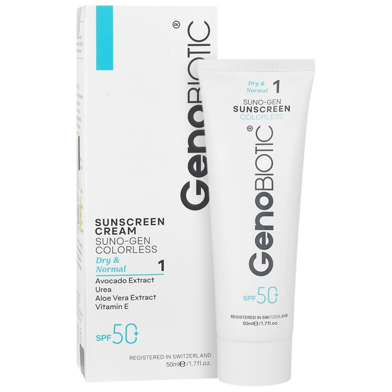 کرم ضد آفتاب بیرنگ دست و صورت ژنوبایوتیک SPF 50 مدل SUNO-GEN-D محافظ UVA ،UVB، مناسب برای پوست های خشک و معمولی حجم 50 میلیلیتر