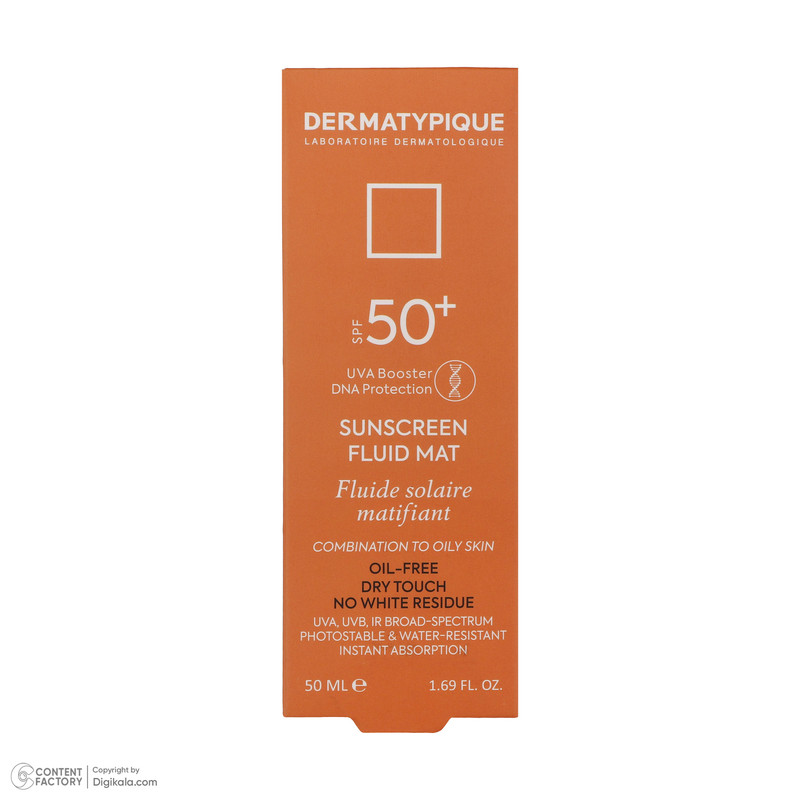 فلوئید ضدآفتاب بیرنگ درماتیپیک +SPF50 مدل SFM، مناسب پوستهای چرب، حجم 50 میلیلیتر