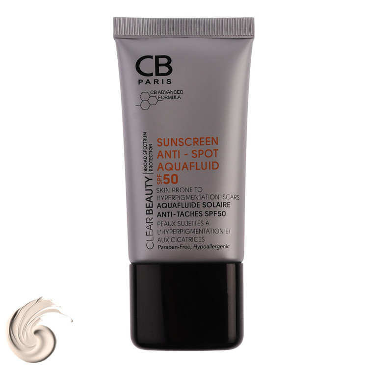 فلوئید ضد آفتاب بدون رنگ سی بی پاریس spf50 مدل Anti-Spot محافظ UVA،UVB مناسب پوست های حساس و آکنهدار حجم 40 میلی لیتر