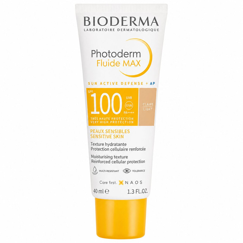 فلوئید ضد آفتاب رنگی دست، صورت بایودرما SPF 100 مدل Photoderm Fluide MAX محافظ در برابر اشعه UVA و UVB مناسب برای پوست حساس حجم 40 میلیلیتر