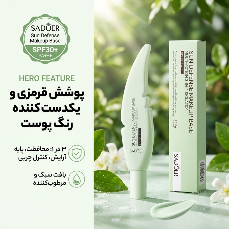 کرم ضد آفتاب صورت سادور مدل بیس میکاپ محافظ +++UVB/UVA/P مناسب انواع پوست حجم ۳۰ میلی لیتر