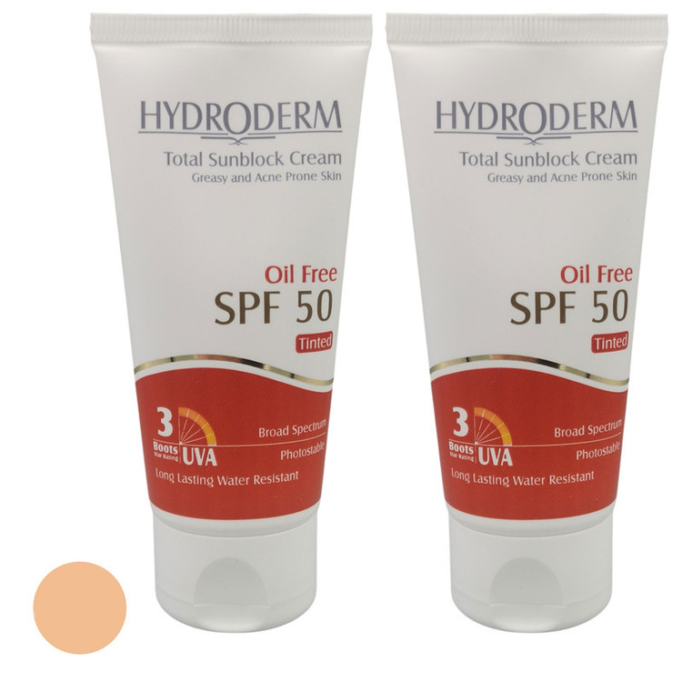 کرم ضد آفتاب رنگی هیدرودرم SPF 50 مدل Medium Beige، حاوی محافظ UVA ،UVB، ضدآب، فاقد چربی، حاوی عصاره جوجوبا، حجم 50 میلیلیتر مجموعه دو عددی