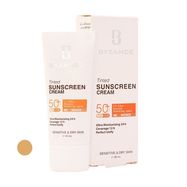 کرم ضد آفتاب رنگی صورت بیزانس SPF 50 مدل Bronze 40 محافظ در برابر UVA/UVB مناسب برای پوست حساس و خشک حجم 40 میلیلیتر