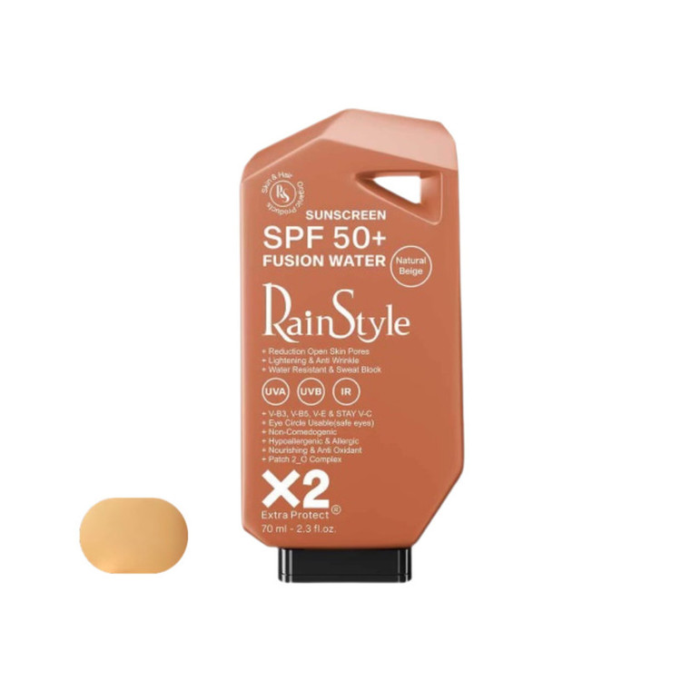کرم ضدآفتاب رنگی رین استایل، SPF50، مدل فیوژن واتر، مناسب انواع پوست با تنالیته متوسط و حجم 70 میلیلیتر، ضد آب، محافظتکننده در برابر اشعههای UVA و UVB، غیر کومدونزا و فاقد پارابن، الکل و چربی، ضد چروک، با ماندگاری 5 ساعته