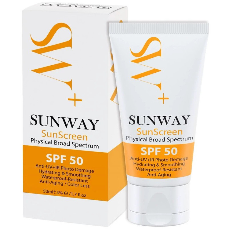 کرم ضد آفتاب بی رنگ صورت سان وی SPF 50 مدل Physical محافظ UVA ،UVB مناسب برای انواع پوست حجم 50 میلیلیتر