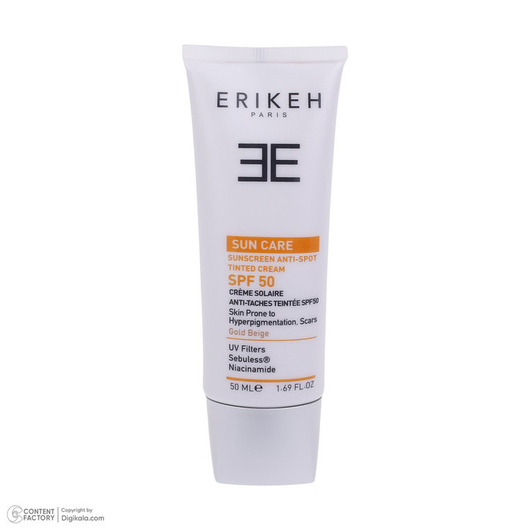 کرم ضد آفتاب رنگی اریکه SPF50 مدل Anti-Spot مناسب انواع پوست حجم 50 میلیلیتر