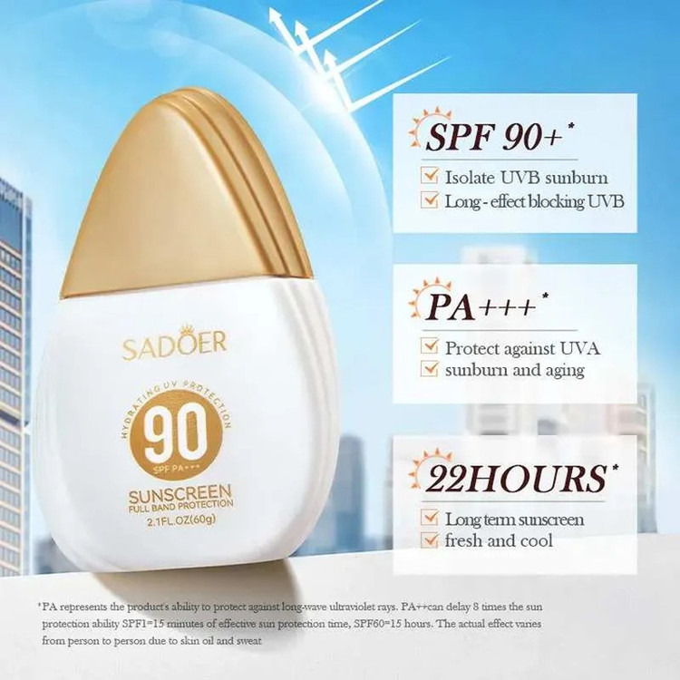 کرم ضد آفتاب بدون رنگ صورت سادور spf90 مدل Sunscreen محافظ PA+++,UVA،UVB مناسب برای انواع پوست وزن 60 گرم