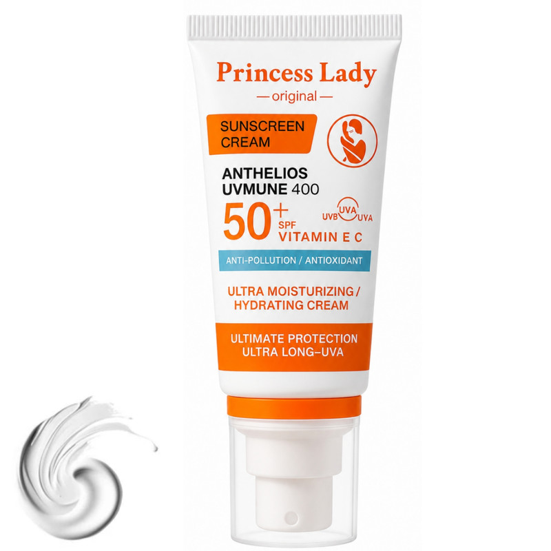 کرم ضد آفتاب بی رنگ صورت و گردن پرنسس لیدی SPF 50 مدل مینرال ویتامین C و E محافظت قوی UVA و UVB ‌مناسب برای انواع پوست حجم ۵۵ میلی لیتر