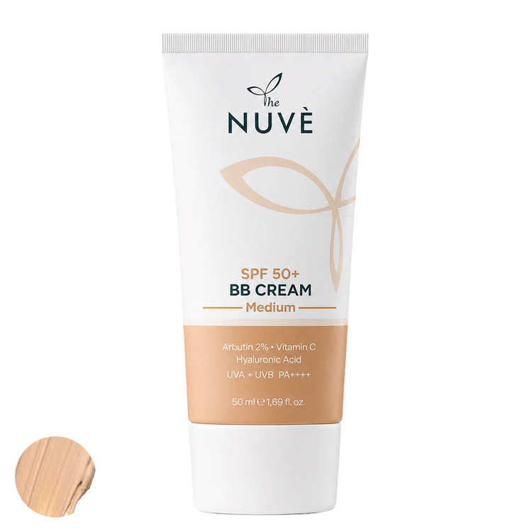 کرم ضد آفتاب رنگی دست، صورت، گردن نوو SPF 50 مدل ضد لک و هیالورونیک اسید محافظ UVA + UVB مناسب برای انواع پوست حجم ۵۰ میلیلیتر