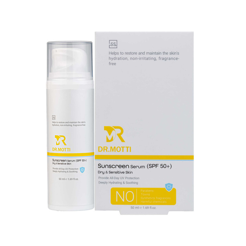 سرم ضد آفتاب بی رنگ صورت و بدن برند دکتر متی spf 50+ مدل D-S محافظ در برابر اشعه uva و uvb مناسب برای پوست های خشک و حساس حجم 50 میلی لیتر