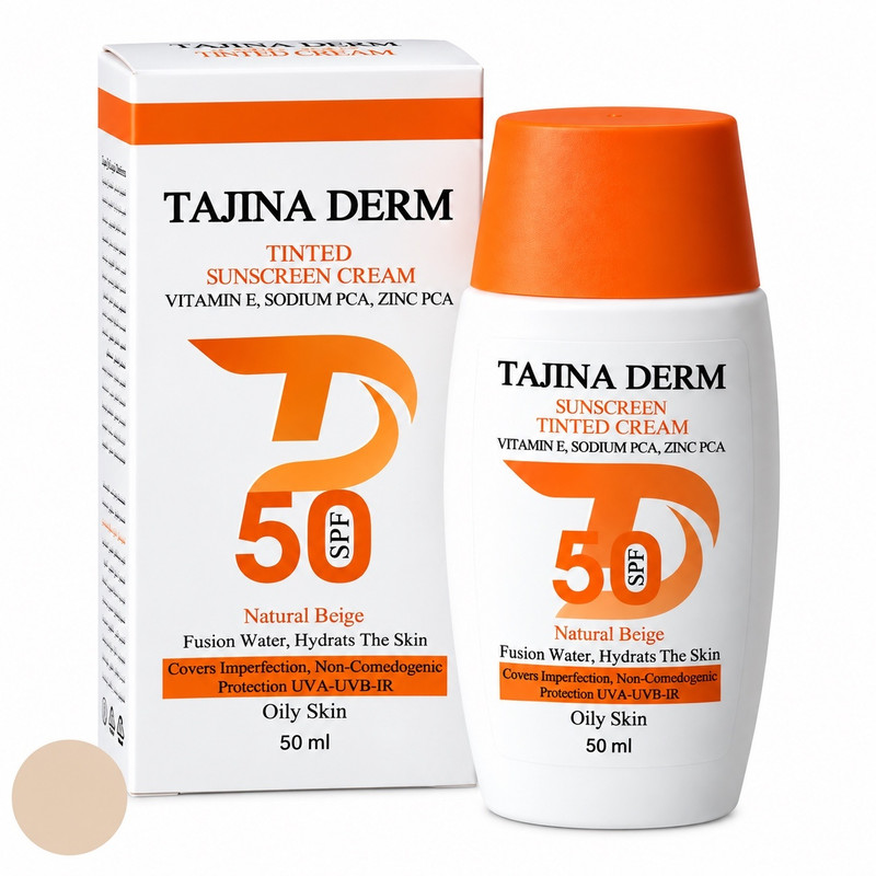 کرم ضد آفتاب رنگی صورت تاجینادرم SPF 50 مدل NATURAL BEIGE محافظ UVA/UVB مناسب برای پوست چرب حجم 50 میلی‌لیتر