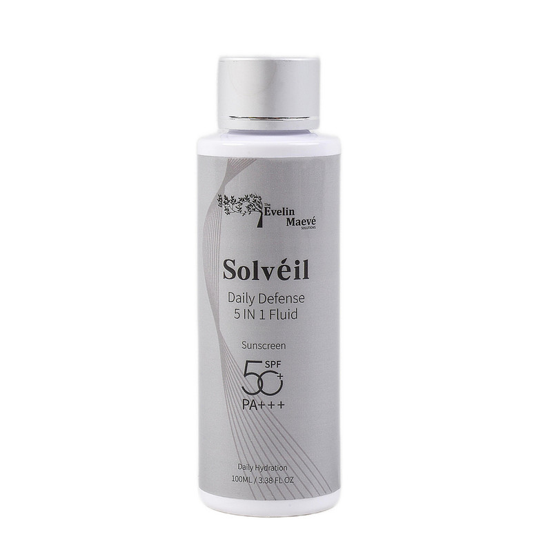 ضد آفتاب فلوئیدی بی رنگ صورت و بدن راهکارهای اِوِلین مِیو pa+++ spf50 مدل daily defense محافظ در برابر UVA,UVB مناسب برای انواع پوست حجم 100 میلی لیتر