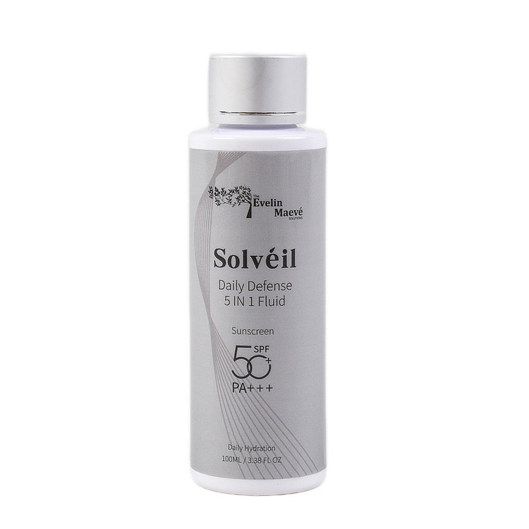 ضد آفتاب فلوئیدی بی رنگ صورت و بدن راهکارهای اِوِلین مِیو pa+++ spf50 مدل daily defense محافظ در برابر UVA,UVB مناسب برای انواع پوست حجم 100 میلی لیتر
