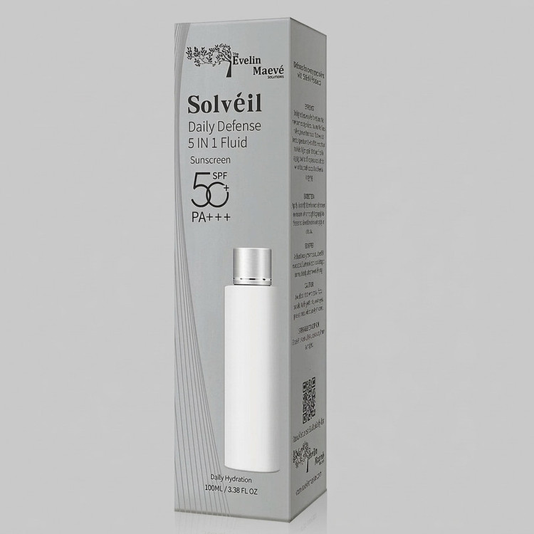 ضد آفتاب فلوئیدی بی رنگ صورت و بدن راهکارهای اِوِلین مِیو pa+++ spf50 مدل daily defense محافظ در برابر UVA,UVB مناسب برای انواع پوست حجم 100 میلی لیتر