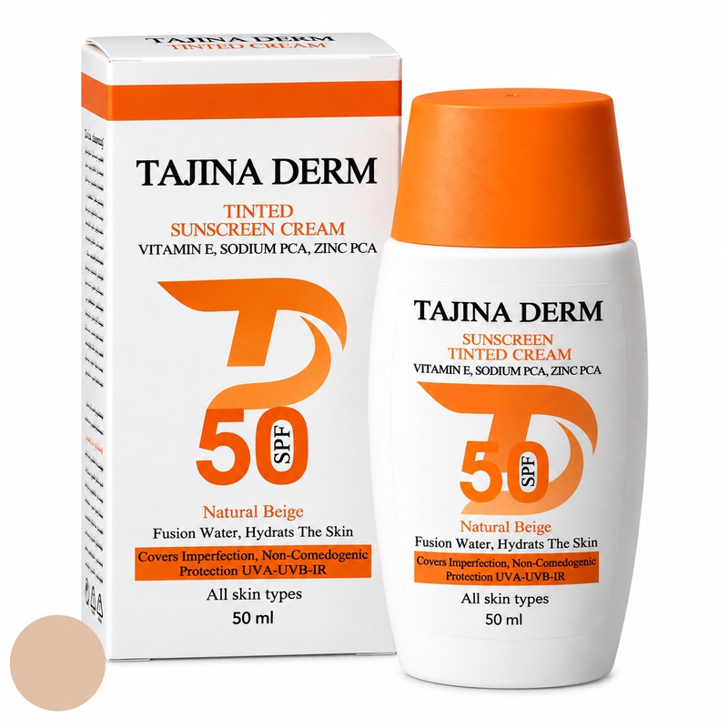 کرم ضد آفتاب رنگی صورت تاجینادرم SPF 50 مدل NATURAL BEIGE محافظ UVA/UVB مناسب برای انواع پوست حجم 50 میلی‌لیتر