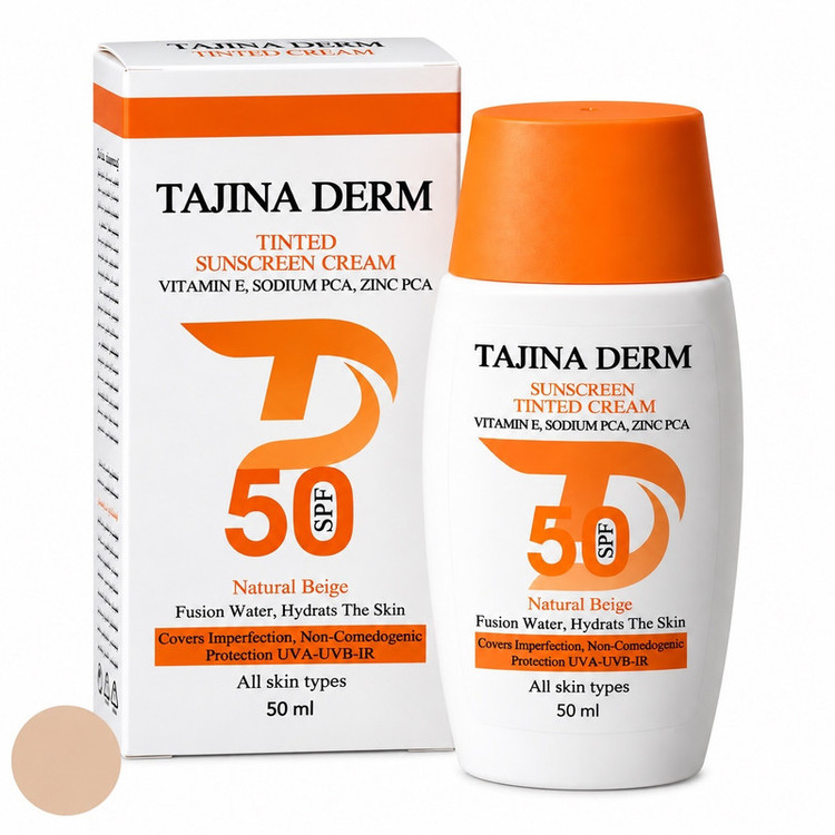 کرم ضد آفتاب رنگی صورت تاجینادرم SPF 50 مدل NATURAL BEIGE محافظ UVA/UVB مناسب برای انواع پوست حجم 50 میلیلیتر