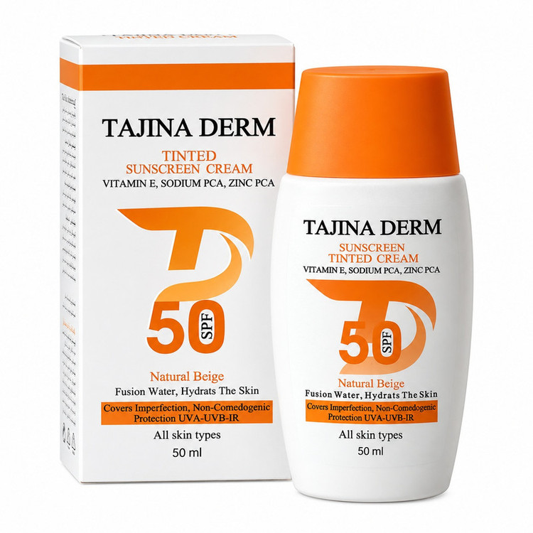 کرم ضد آفتاب رنگی صورت تاجینادرم SPF 50 مدل NATURAL BEIGE محافظ UVA/UVB مناسب برای انواع پوست حجم 50 میلیلیتر