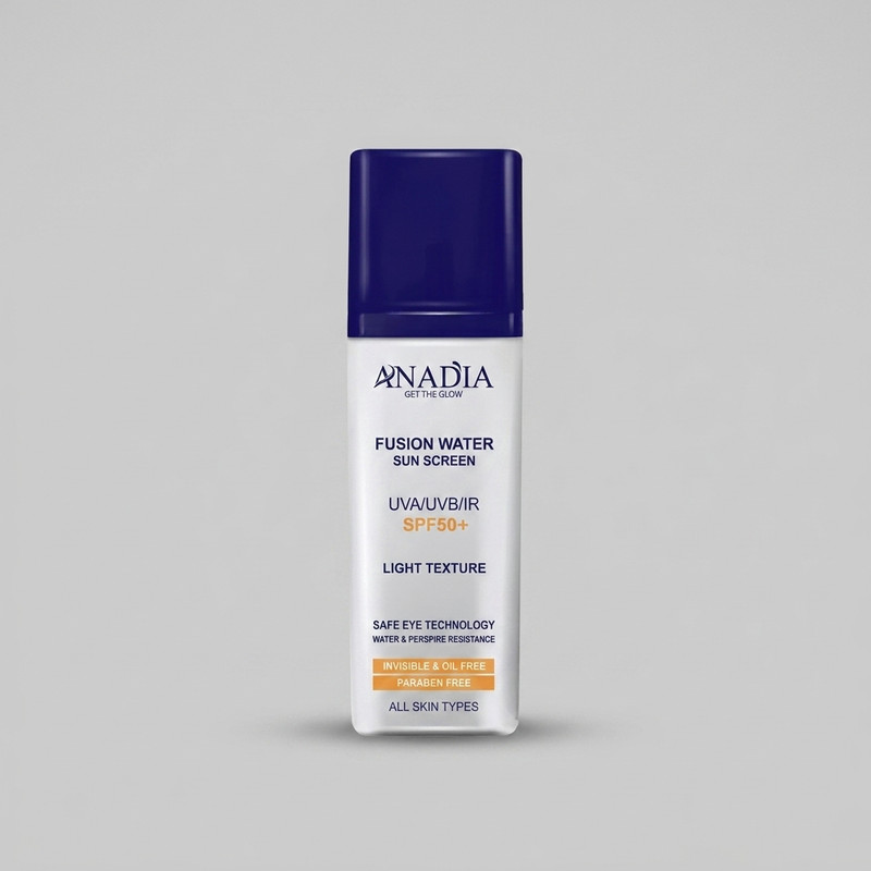کرم ضدآفتاب بی رنگ صورت آنادیا SPF+50 مدل فیوژن واتر محافظ در برابر اشعه های UVA/UVB/IR مناسب برای انواع پوست حجم ۳۵ میلی لیتر