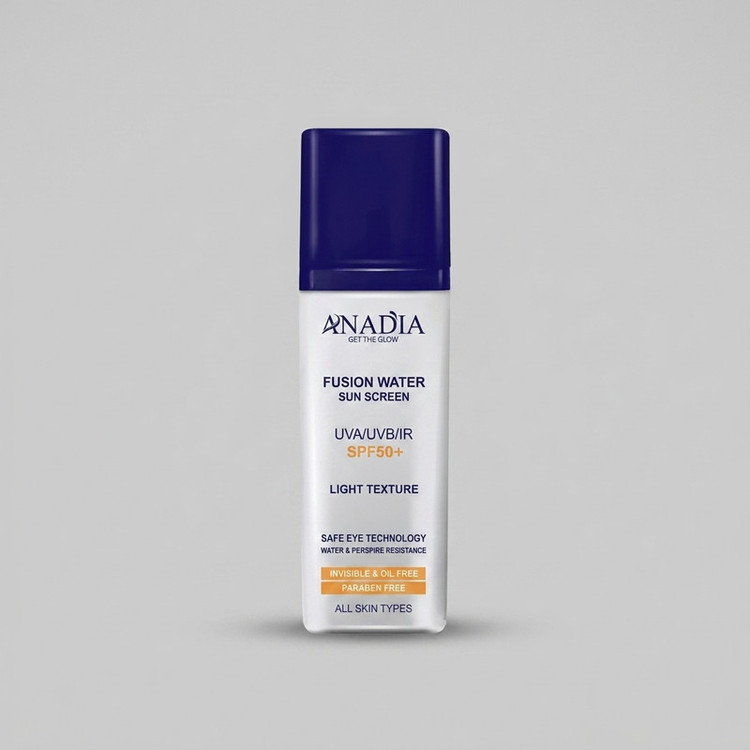 کرم ضدآفتاب بی رنگ صورت آنادیا SPF+50 مدل فیوژن واتر محافظ در برابر اشعه های UVA/UVB/IR مناسب برای انواع پوست حجم ۳۵ میلی لیتر