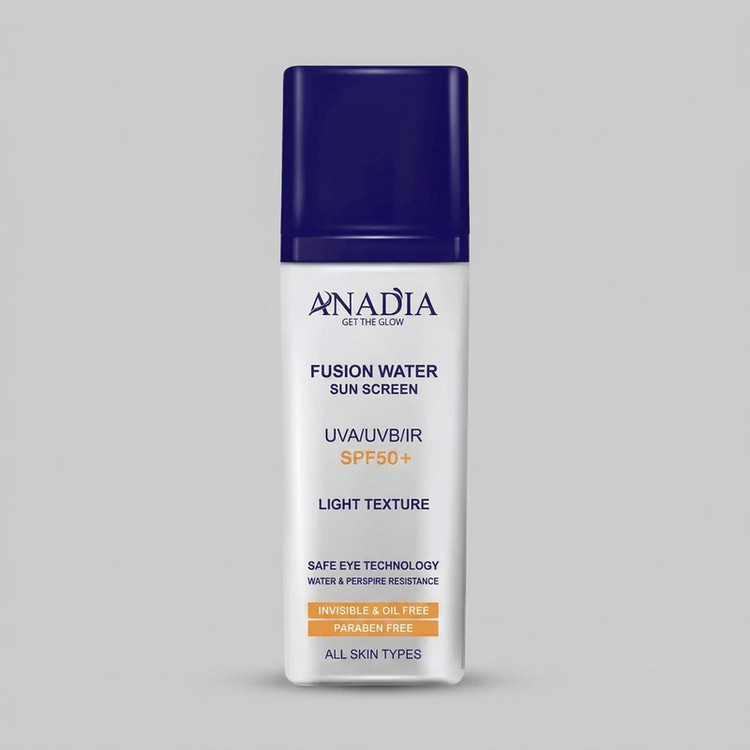 کرم ضدآفتاب بی رنگ صورت آنادیا SPF+50 مدل فیوژن واتر محافظ در برابر اشعه های UVA/UVB/IR مناسب برای انواع پوست حجم ۳۵ میلی لیتر