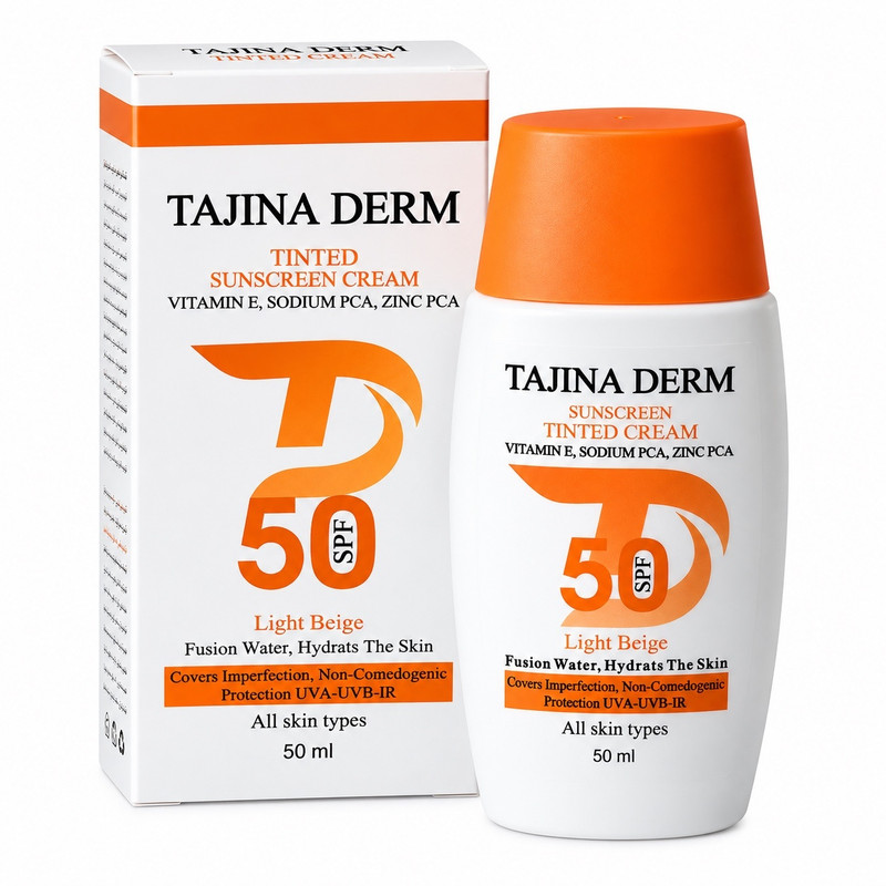 کرم ضد آفتاب رنگی صورت تاجینادرم SPF 50 مدل LIGHT BEIGE محافظ UVA/UVB مناسب برای انواع پوست حجم 50 میلیلیتر