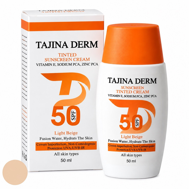 کرم ضد آفتاب رنگی صورت تاجینادرم SPF 50 مدل LIGHT BEIGE محافظ UVA/UVB مناسب برای انواع پوست حجم 50 میلیلیتر