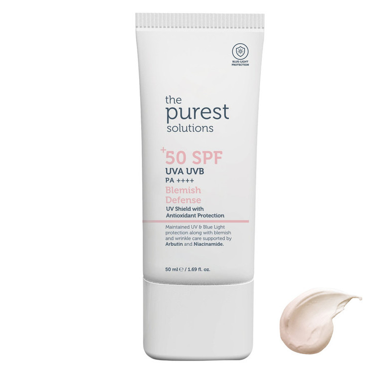 کرم ضد آفتاب رنگی صورت، گردن پیورست سولوشن SPF 50 مدل Blemish Defense محافظ در برابر UVA + UVB مناسب برای انواع پوست حجم ۵۰ میلیلیتر