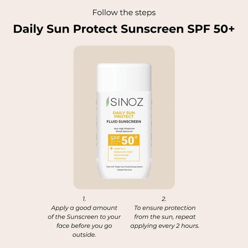 کرم ضد آفتاب سینوز SPF 50+ مدل Daily Sun Protect حاوی هیالورونیک اسید مناسب برای انواع پوست حجم 50 میلیلیتر